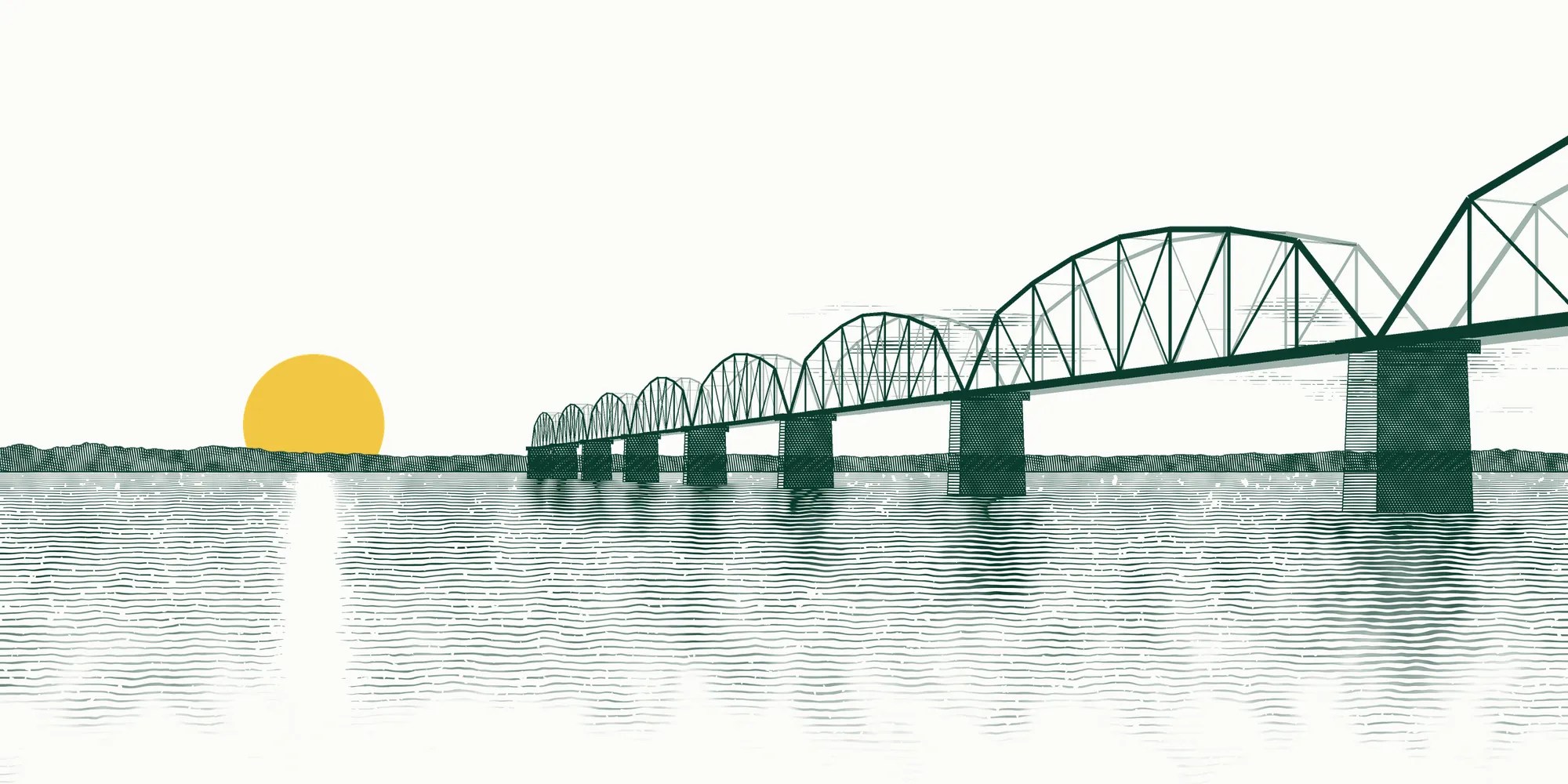 A long truss bridge crossing the Ohio River at Louisville, drawn in fine green lines, with the sun rising over the far bank